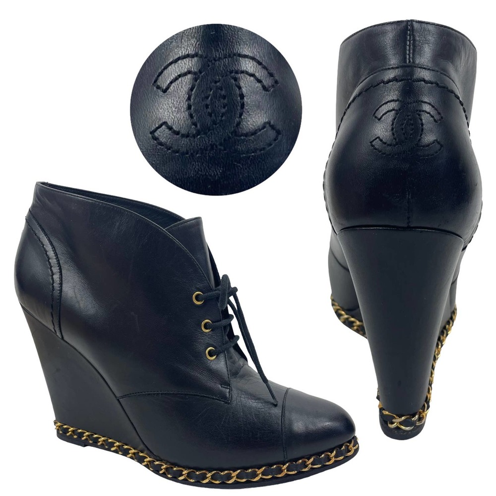 Chanel CC Logo Wedge Ankle Boots Gold Chain Black Size 39.5